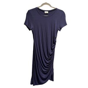 Vintage Dee Elly Dress Womens Medium Blue Short Sleeve Side Ruched Mini USA Soft